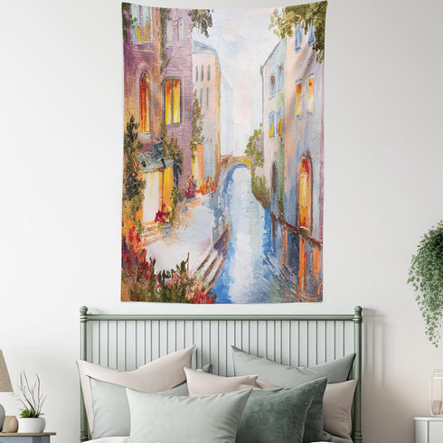 Ambesonne Venice Tapestry - Historical City Vintage Houses Water Canal Venice Italy Oil Painting, 40" X 60", Orange