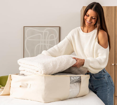 Soft Canvas Storage Bags with Zipper, Thick Breathable, 1pc King/Queen Comforter Organizer, Large 25x19x9in for