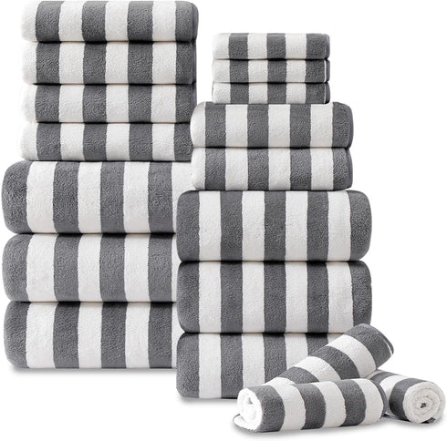 18 Pcs Gray Stripe Bath Towel Set with Hanging Loop-6 Bath Towels,6