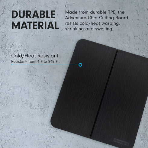 Messermeister Adventure Chef Folding Cutting Board, Black Faux Wood, Durable TPE, Compact & Portable, 10.75 x 9.5”