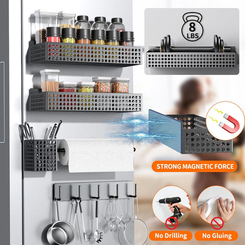 2 Magnetic Spice Rack for Refrigerator Tiers and Paper Towel Holder and Utensil Holder, Magnetic Refrigerator