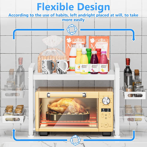 Adjustable Over the Microwave Shelf, 2 Tier Microwave Rack with Spice Organizer and Hooks for Kitchen, White