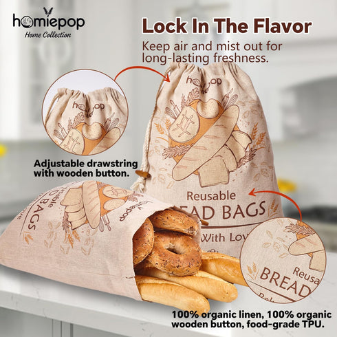 HomiePop (3 Pack) 17x13 Inch Bread Bags for Homemade Bread Linen Reusable Sourdough Bread Bags with TPU Lining Keeps
