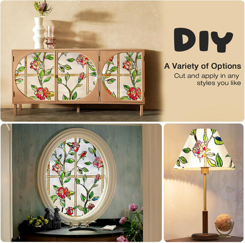 Windimiley 3D Rose Stained Glass Window Privacy Film, Non Adhesive Flower Window Tint for Bathroom (16.9 x 39.4 in)