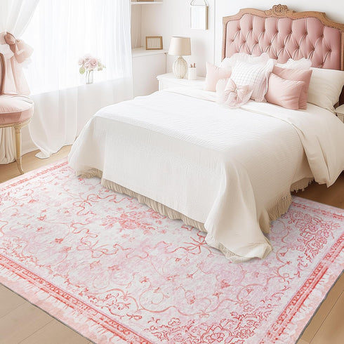 REBBORUG 4x6 Pink Rug for Office Under Desk Rolling Chairs - Small Classroom Rug Reading Corner,Washable Bow Floral