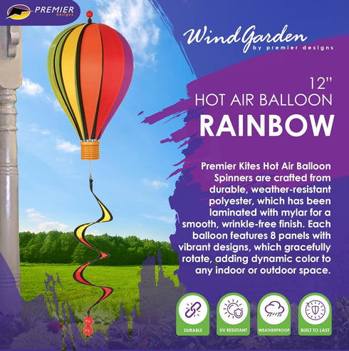 Hot Air Balloon Hanging Garden Spinner, 12", Vibrant Rainbow Design, Weather-Resistant Outdoor Decor