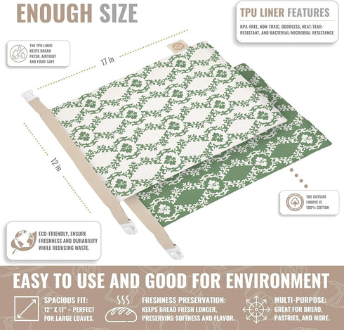 Cozy Set Bread Reusable Bread Bag for Home Bakers | USA Brand | Charming Bread Designs (Green Ornamental)