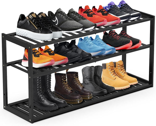 Jripae Bamboo Shoe Rack for Closet, 3 Tier 32.5inch Longer Shoe Organizer