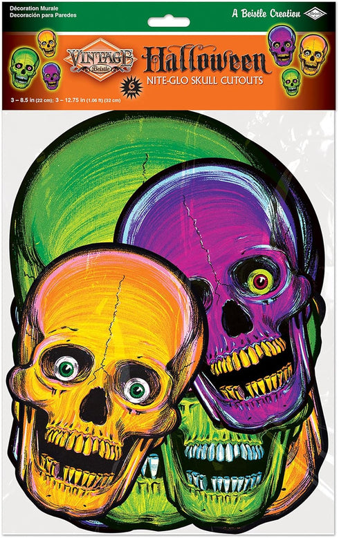Vintage Halloween Nite-Glo Skull Cutouts, Pack of 2