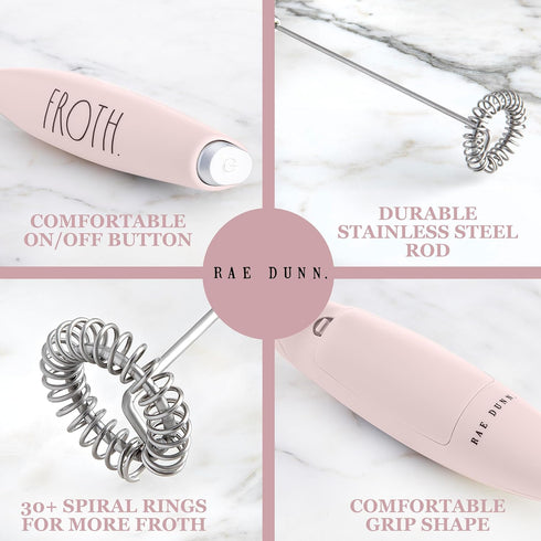 Rae Dunn Handheld Electric Milk Frother, Drink Mixer, Coffee Frother, Frappe Maker, Latte Maker (Pink)
