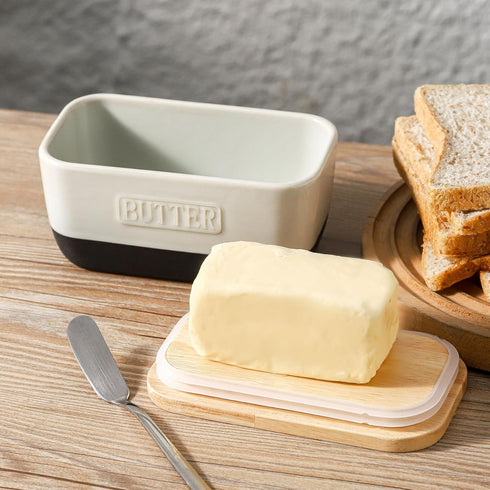 Countertop, 6 3.5 2.7) HVH Ceramic Butter Dish with Lid for Airtight Butter Keeper with Wooden Lid, Butter Holder