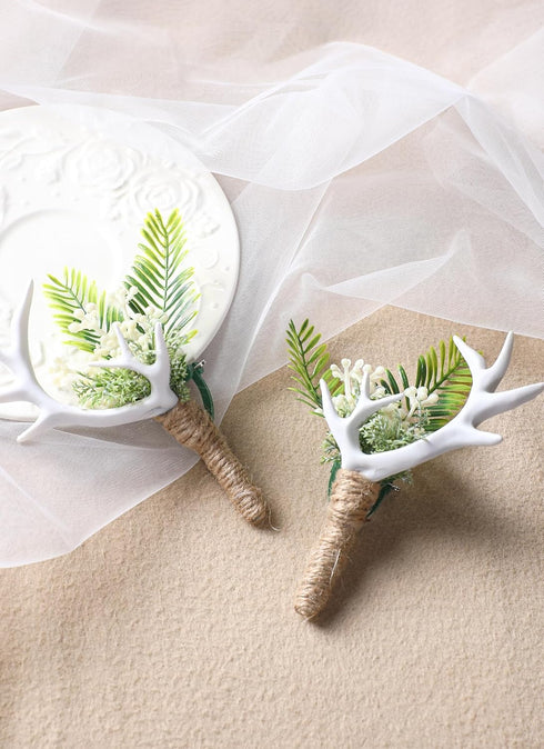 Woodland Boutonniere Set for Men - 2PC Handmade Greenery Corsage, White Antler for Wedding, Groomsmen, Formal Events