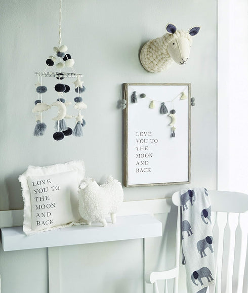 Celestial Crib Mobile with Pom Pom Stars and Clouds - White and Grey