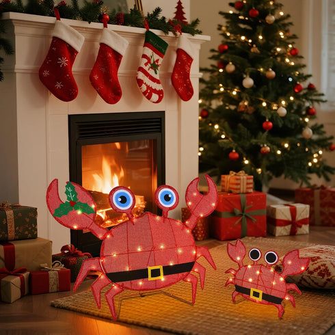 Set 2 2D Prsildan Outdoor Christmas Decorations - of LED Lighted Crab Yard Decor, Battery Operated Holiday Lawn Figures