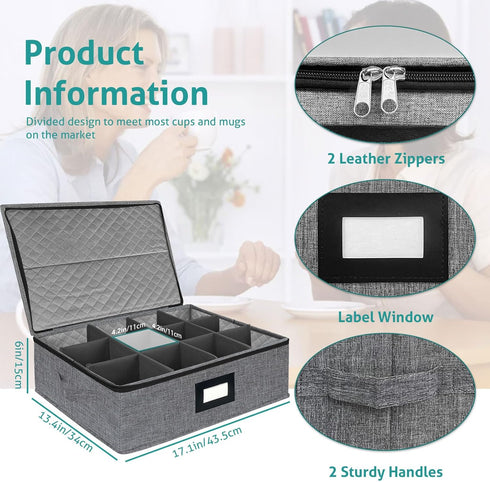 VERONLY Quilted Cup and Mug Storage Box, Holds 12 Coffee Mugs, Zipper Lid and Handles, Stackable for Dinnerware