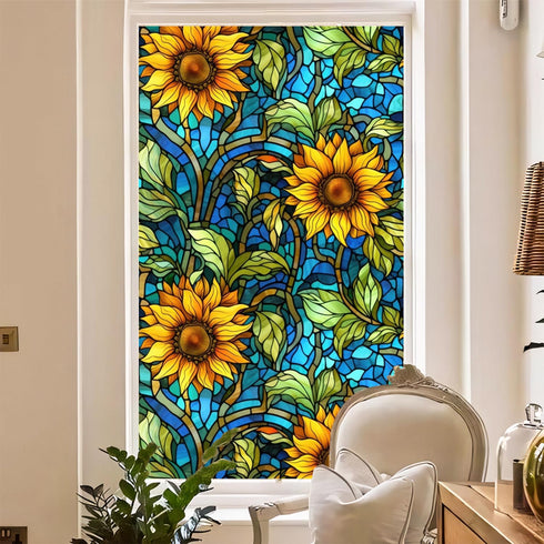 Sunflower Stained Glass Window Film, Non Adhesive Privacy Film for Bathroom Shower Door, Heat Anti UV, 17.7"x39.5"