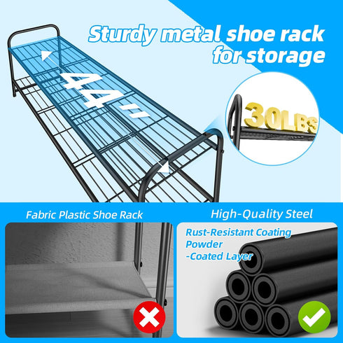 2 Closet, 44 Inch Tier Shoe Rack for Extra Long Shoe Storage Organizer for Shelves, Heavy Duty Metal, Easy Assembly