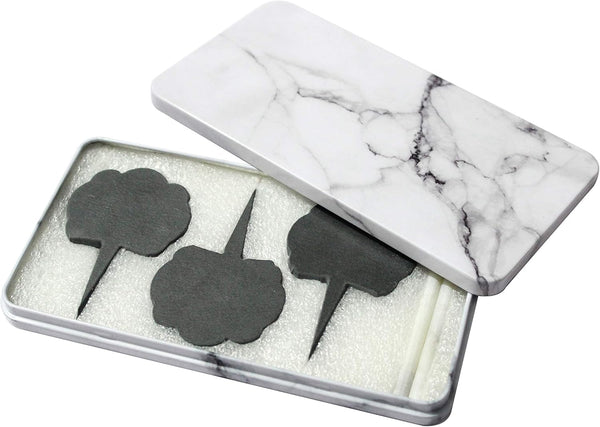 Cheese Markers Set - Natural Slate Cheese Labels, 6 Tags, 2 Chalk Markers, 1 Storage Box, White Marble