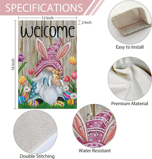 Welcome Easter Gnome Garden Flag 12x18 Double Sided Burlap, Funny Bunny Floral Small Yard Flag for Easter Holiday