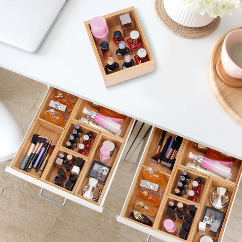 Fabsome Bamboo Bathroom Drawer Organizer, Set of 5 Small Wooden Containers for Makeup, Junk, Tea Storage