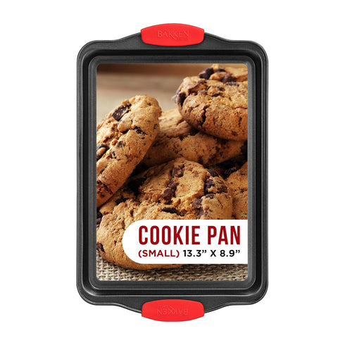 Nonstick Cookie Sheet Pan, Carbon Steel Oven Tray with Red Silicone Handles, Small Bakeware with Gray Coating