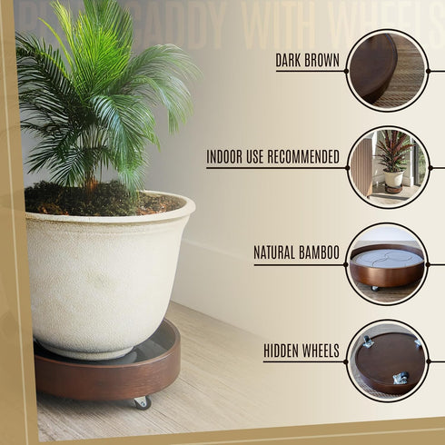 12" inch 360 Plant Caddy with Wheels Indoor Bamboo Rolling Plant Stand with Absorbent Stone, No Water Stains, Wheels