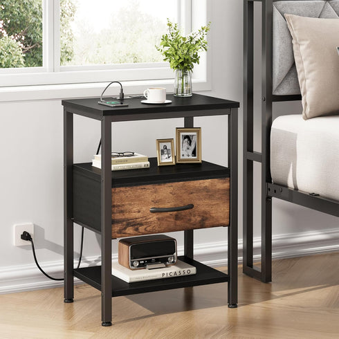 3-Tier DUMOS Bedside Table with Charging Station and Adjustable Fabric Drawer Compact Nightstand Storage Organizer End