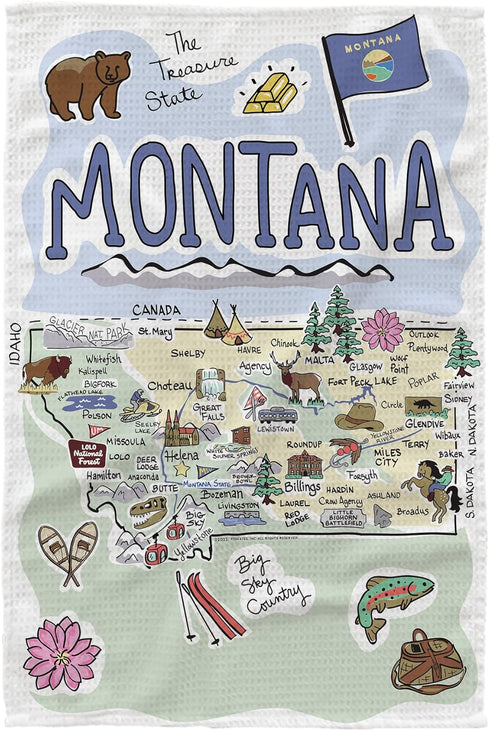 Fish Kiss 16"x24" Montana Map Dish Towel is of 100% Microfiber Waffle