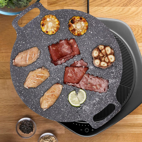 Portable 13.4 IN Korean BBQ Grill Pan - Non-Stick Aluminum Round Stove Top Grill for Indoor Outdoor