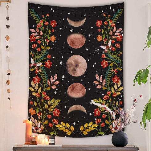 Lifeel Moonlit Garden Tapestry, Black Wall Decor Tapestry with Moon Phase Surrounded by Vines and Flowers 60×80 inches