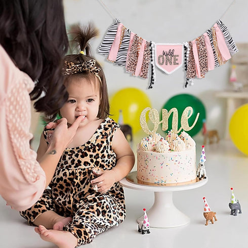 YOUAME Girls Leopard Print High Chair Banner - Wild One High Chair Decors, Pink Jungle Party Cheetah ONE Year Birthday
