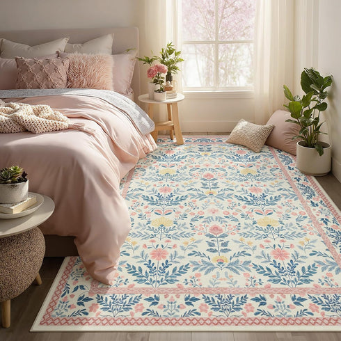 5x7 Joydeco Boho Floral Light Pink Area Rugs for Bedroom Girls Playroom, Machine Washable Kids Room Nursery Rug Non