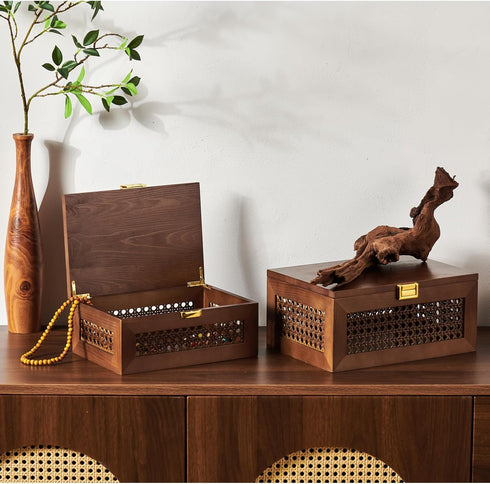 Decorative Rattan Storage Boxes: Solid Wood Woven Baskets with Lid, Keepsake Memory Jewelry Box, Natural Boho Organizer