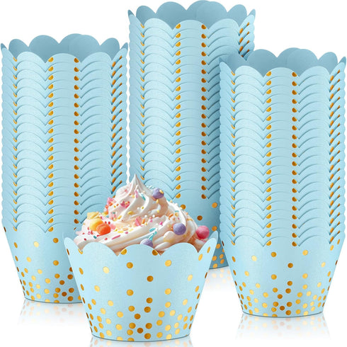 Zhehao 60 Pcs Gold Polka Dots Cupcake Wrappers, Adjustable Paper Baking Cups, Disposable Muffin Liners, Light Blue