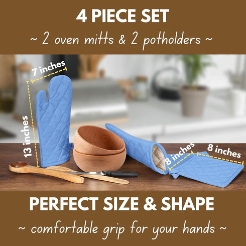 Native Fab 4-Piece Kitchen Pot Holders and Oven Mitts Set - Heat Resistant, Non-Slip, 100% Cotton - Blue