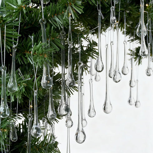 OuMuaMua 32 Pcs Glass Raindrop Christmas Ornaments Crystal Teardrop Hanging Ornaments Clear