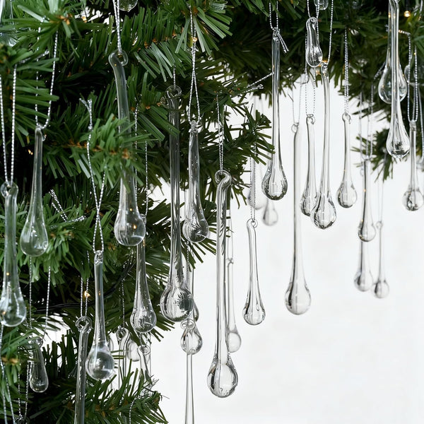 OuMuaMua 32 Pcs Glass Raindrop Christmas Ornaments Crystal Teardrop Hanging Ornaments Clear