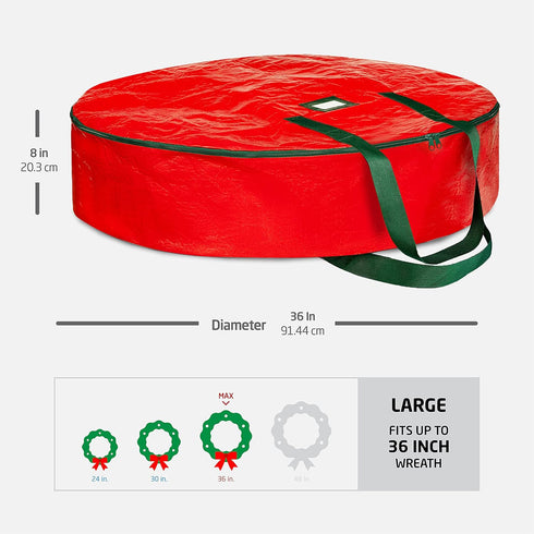 ZOBER Christmas Wreath Storage Container, 36 Inch Bag for Artificial Wreaths with Durable Handles - Red