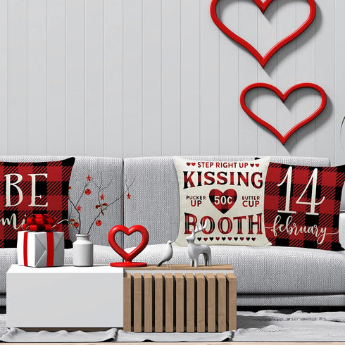 Ueerdand Set of 4 Valentines Day Pillow Covers, 20x20 inch Red Black Buffalo Check Decorative Cushion Cases