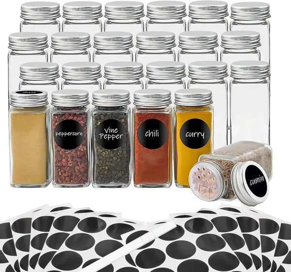 DIDITIME 24Pcs Spice Jars with Label, 4oz Empty Square Seasoning Containers, Spice Jars