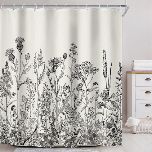 Riyidecor Wild Floral Shower Curtain 72Wx78H, Botanical Flower Plant Art Printed Fabric with Hooks