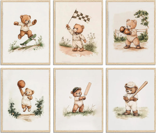 PPJ 6pcs Nursery Bear Wall Art Vintage Teddy Bear Sports Wall Decor Nursery