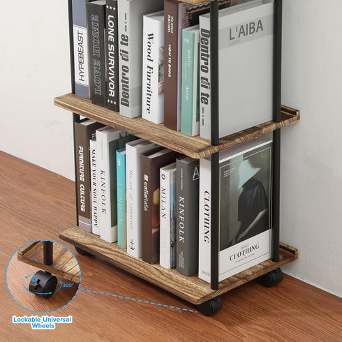 5 GETALL Tier Bookshelf with Wheels, Tall Bookcase for Small Spaces, Solid Wood Narrow Shelf, Corner Book Shelf Storage