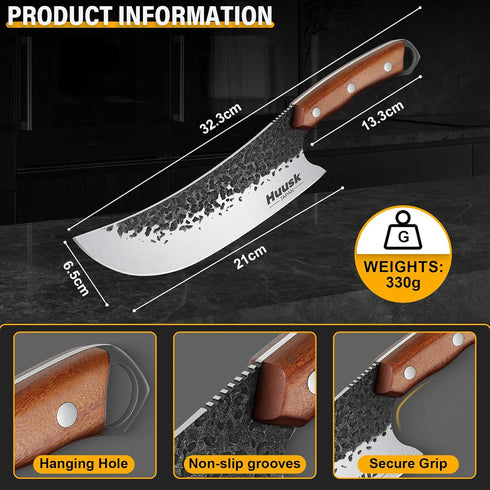 Huusk Butcher Knife | Heavy Duty Meat Cleaver with Sheath | Hand Forged Cooking Knife for Kitchen or BBQ