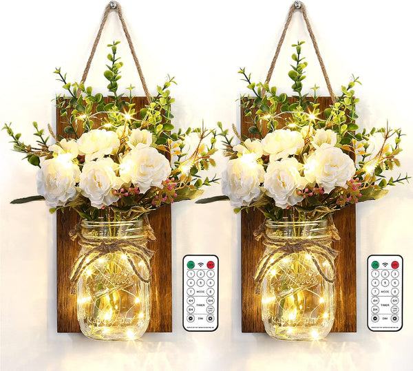 Lightess Wall Decor Mason Jar Sconces with Remote Control, Rustic Home Decor