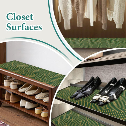 Shelf Liners for Kitchen Cabinets 17.5in x 20FT, Non-Adhesive Strong Non-Slip Thickened Gold Green Geometric Drawer