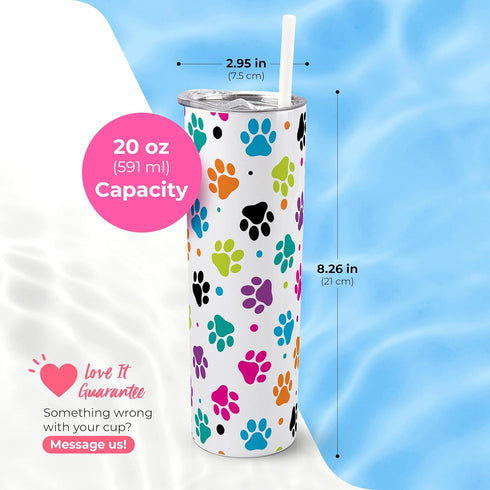 SassyCups 20 oz Vacuum Insulated Stainless Steel Tumbler with Dog Paw Print, Includes Straw and Lid