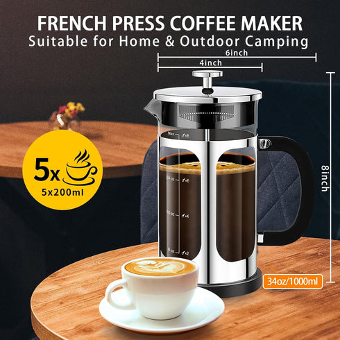 French Press Coffee Maker, 34oz (1 Quart, 5-6 Cup), Heat Resistant Borosilicate Glass, Cold Brew Coffee Tea Pot Gifts