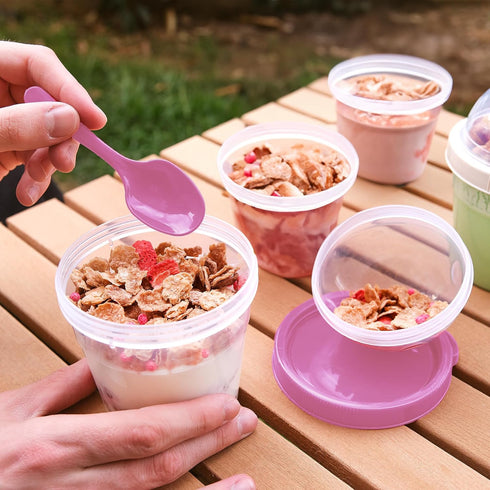 4 Pack 17 oz Crystalia On The Go Yogurt Parfait Cups with Lids, Topping Compartment & Spoons, Cereal Oatmeal Salad