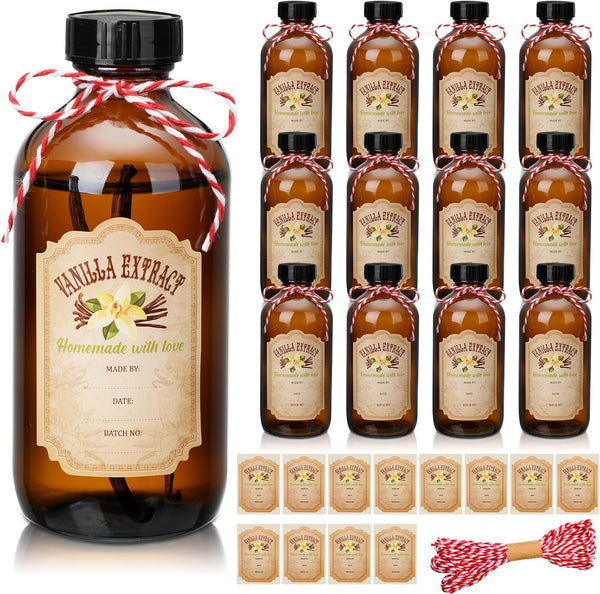 Uiifan 12 Pack Amber Glass Boston Round Bottles with Caps, 16 oz, Vanilla Extract Stickers